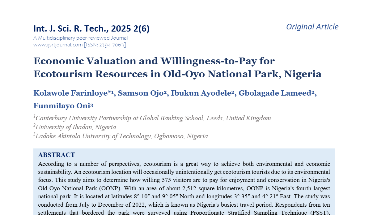Economic Valuation and Willingness-to-Pay for Ecotourism Resources in Old-Oyo National Park, Nigeria