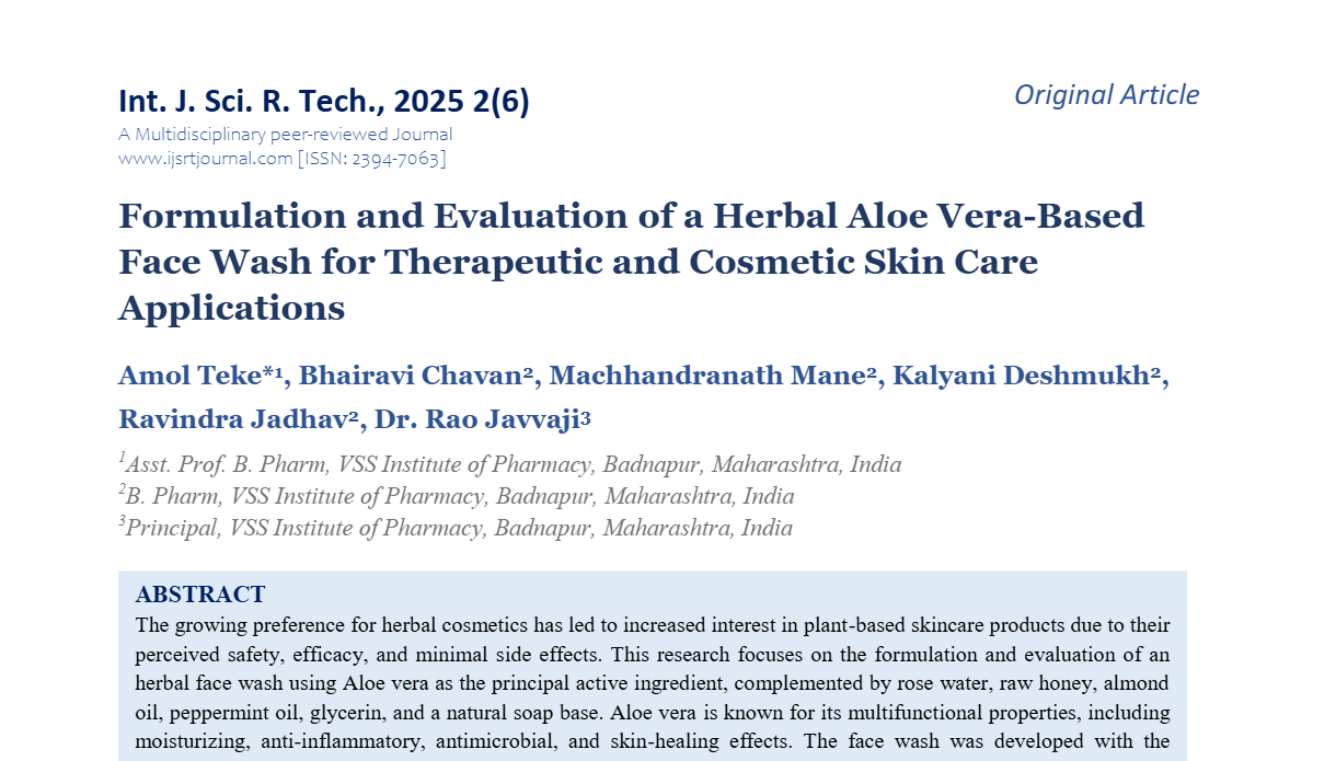 Formulation and Evaluation of a Herbal Aloe Vera-Based Face Wash for Therapeutic and Cosmetic Skin Care Applications