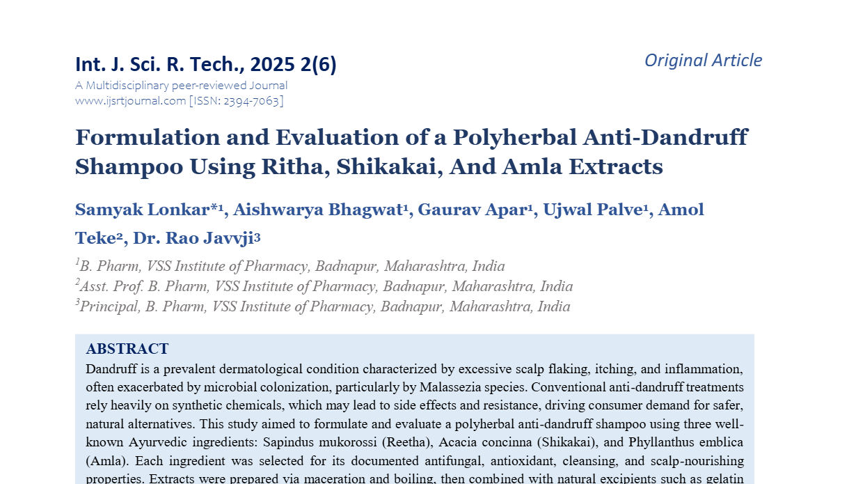 Formulation and Evaluation of a Polyherbal Anti-Dandruff Shampoo Using Ritha, Shikakai, And Amla Extracts