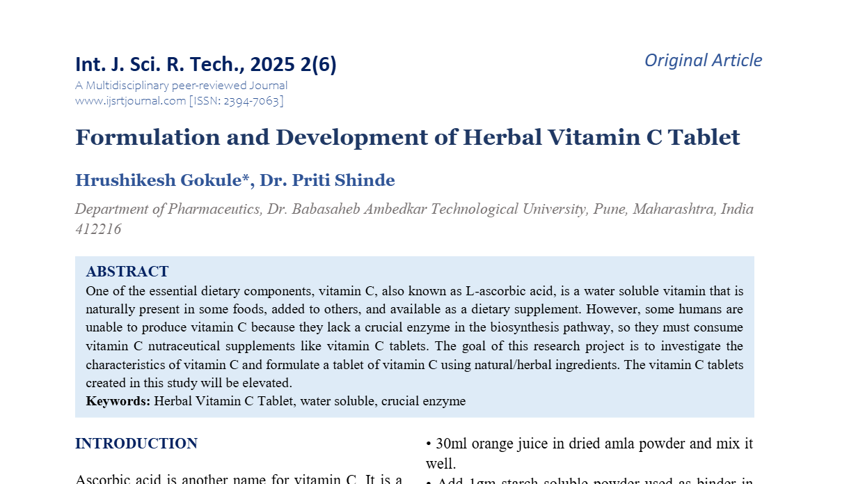 Formulation and Development of Herbal Vitamin C Tablet