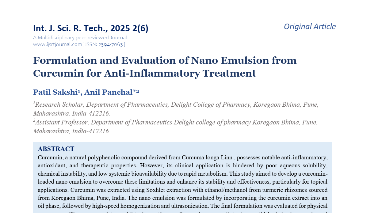 Formulation and Evaluation of Nano Emulsion from Curcumin for Anti-Inflammatory Treatment