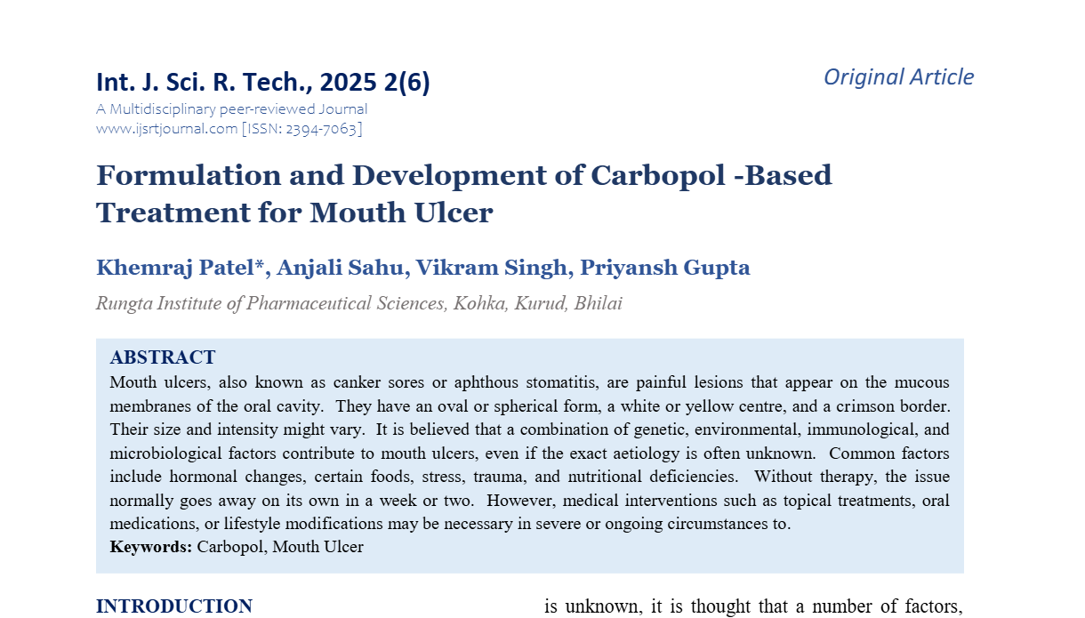 Formulation and Development of Carbopol -Based Treatment for Mouth Ulcer