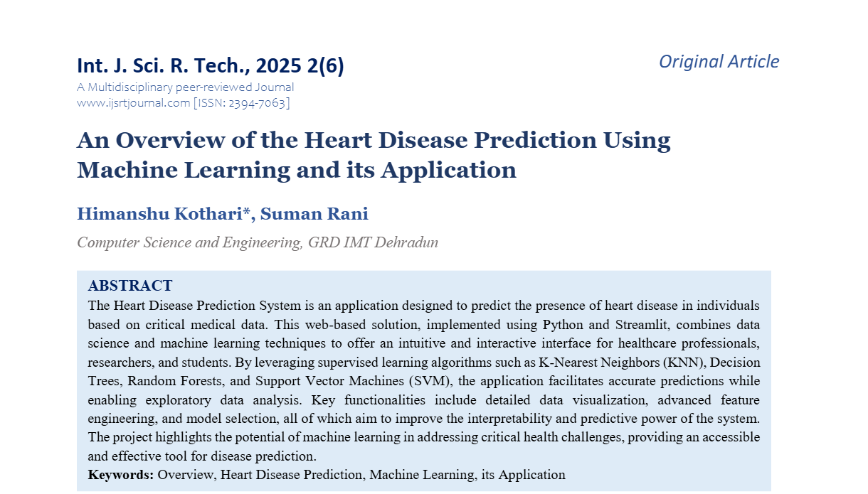 An Overview of the Heart Disease Prediction Using Machine Learning and its Application