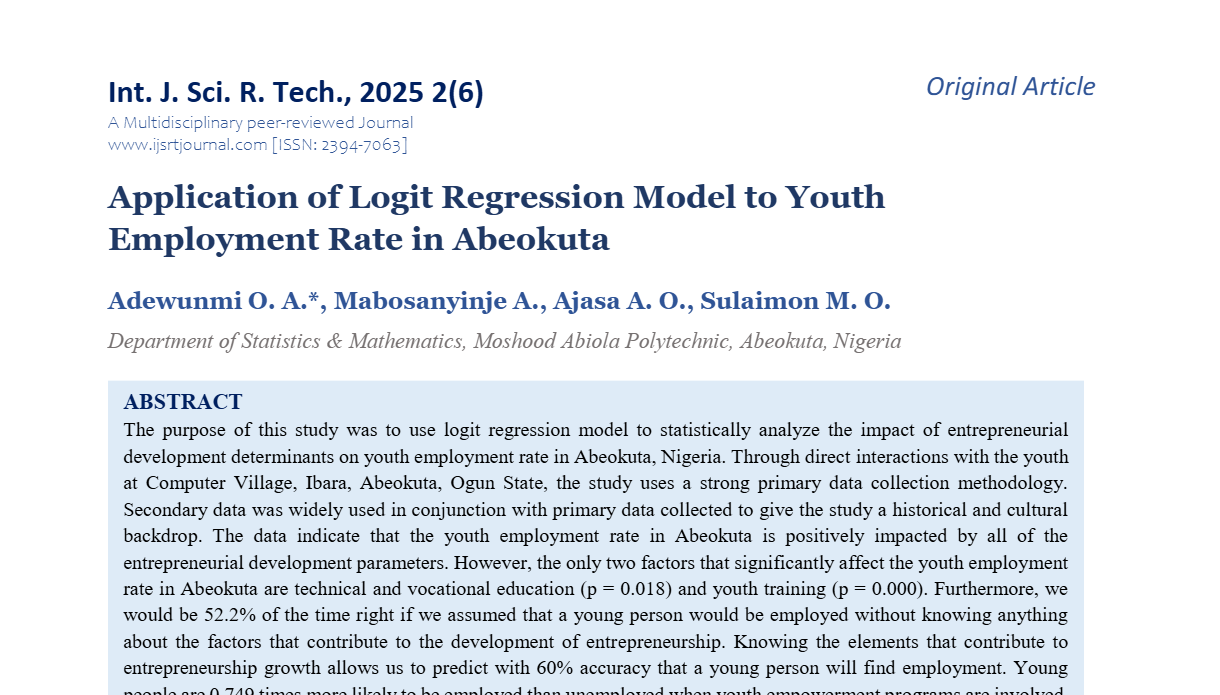 Application of Logit Regression Model to Youth Employment Rate in Abeokuta