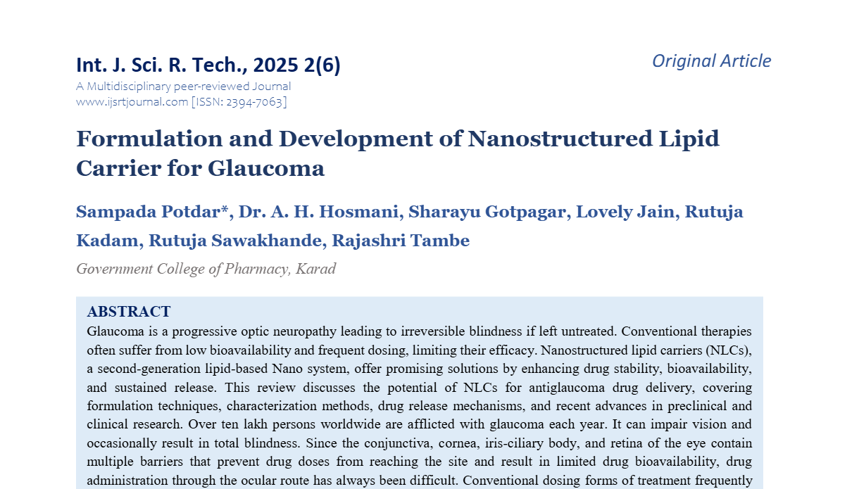 Formulation and Development of Nanostructured Lipid Carrier for Glaucoma