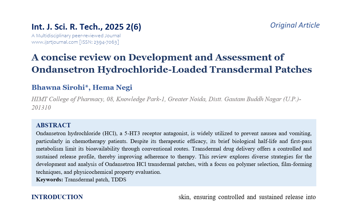 A concise review on Development and Assessment of Ondansetron Hydrochloride-Loaded Transdermal Patches