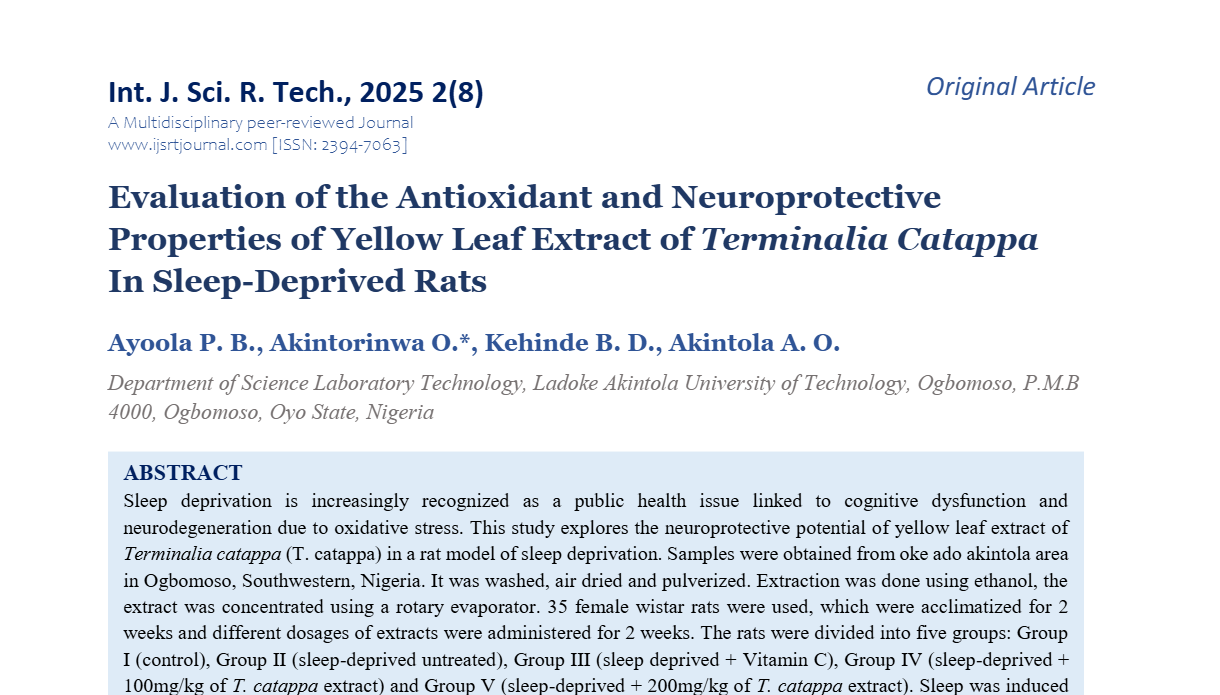 Evaluation of the Antioxidant and Neuroprotective Properties of Yellow Leaf Extract of Terminalia Catappa In Sleep-Deprived Rats