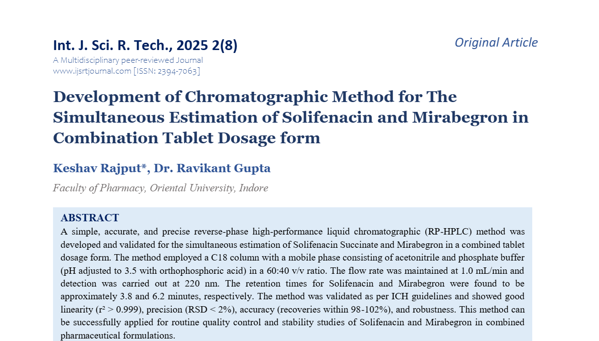 Development of Chromatographic Method for The Simultaneous Estimation of Solifenacin and Mirabegron in Combination Tablet Dosage form