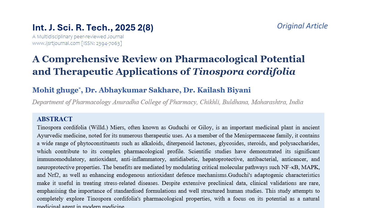 A Comprehensive Review on Pharmacological Potential and Therapeutic Applications of Tinospora cordifolia