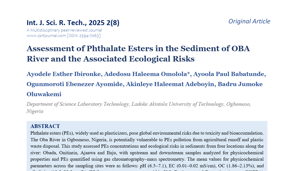 Assessment of Phthalate Esters in the Sediment of OBA River and the Associated Ecological Risks