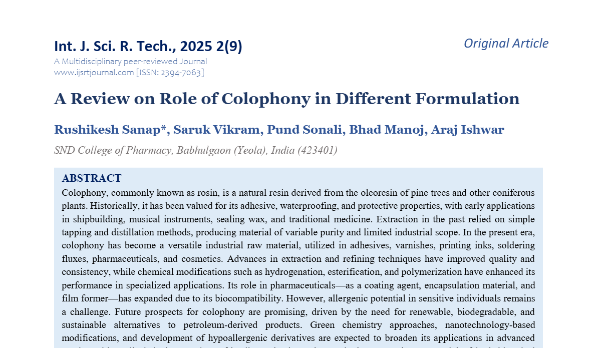 A Review on Role of Colophony in Different Formulation
