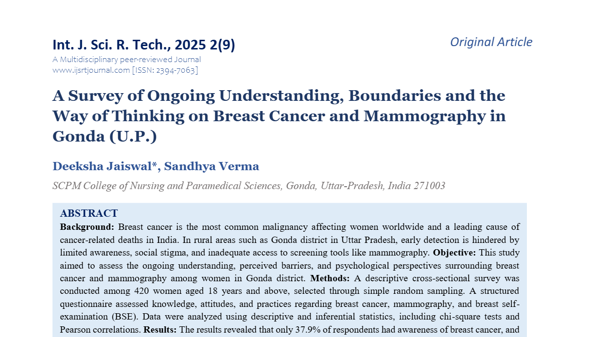 A Survey of Ongoing Understanding, Boundaries and the Way of Thinking on Breast Cancer and Mammography in Gonda (U.P.)