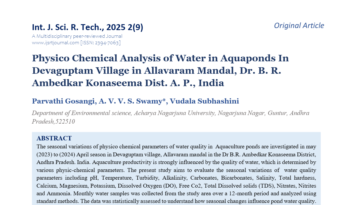 Physico Chemical Analysis of Water in Aquaponds In Devaguptam Village in Allavaram Mandal, Dr. B. R. Ambedkar Konaseema Dist. A. P., India
