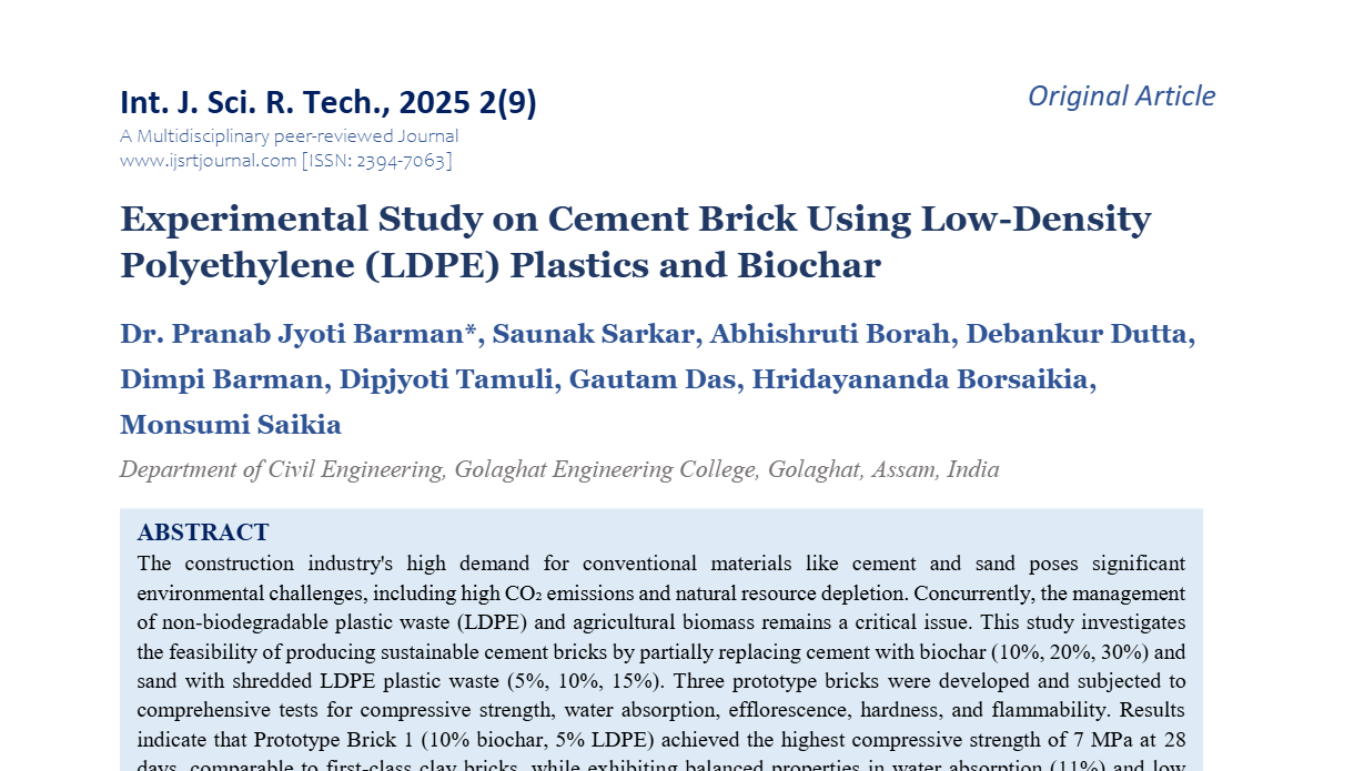 Experimental Study on Cement Brick Using Low-Density Polyethylene (LDPE) Plastics and Biochar