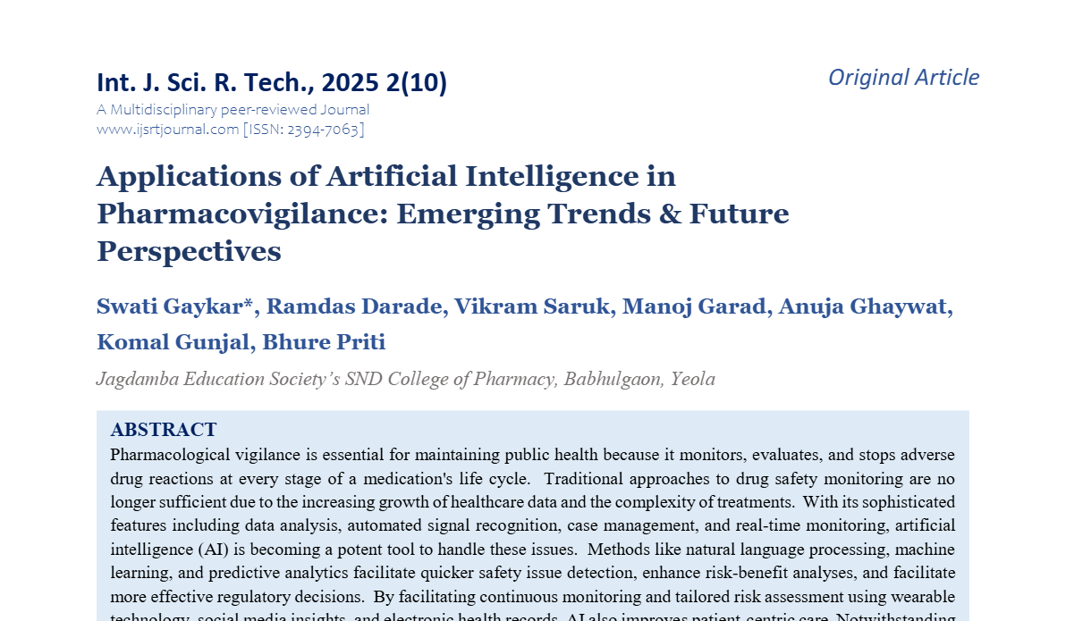 Applications of Artificial Intelligence in Pharmacovigilance: Emerging Trends & Future Perspectives