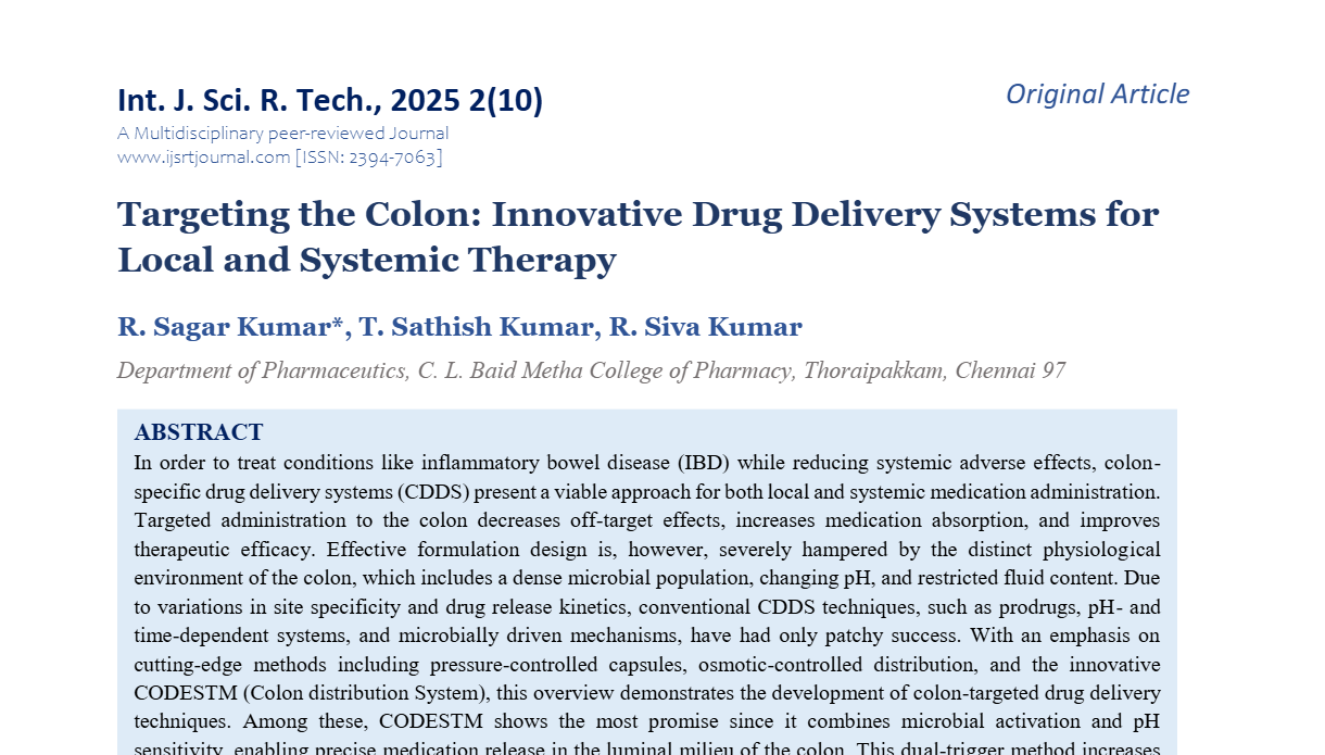 Targeting the Colon: Innovative Drug Delivery Systems for Local and Systemic Therapy