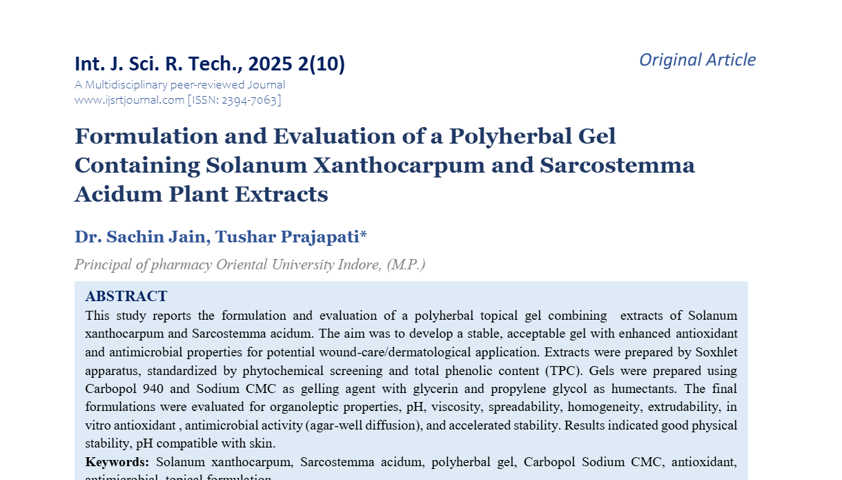 Formulation and Evaluation of a Polyherbal Gel Containing Solanum Xanthocarpum and Sarcostemma Acidum Plant Extracts