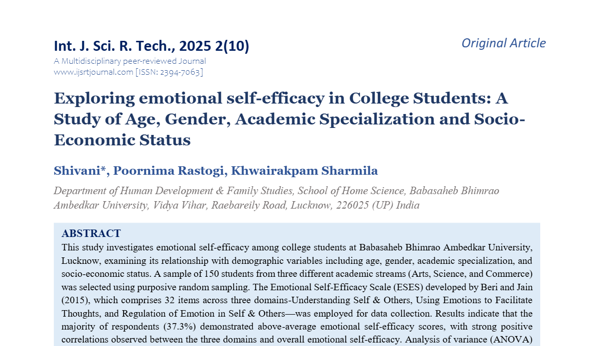 Exploring emotional self-efficacy in College Students: A Study of Age, Gender, Academic Specialization and Socio-Economic Status