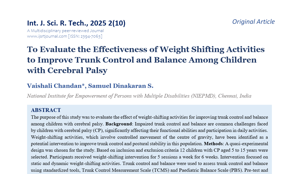 To Evaluate the Effectiveness of Weight Shifting Activities to Improve Trunk Control and Balance Among Children with Cerebral Palsy