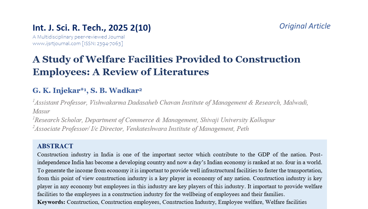 A Study of Welfare Facilities Provided to Construction Employees: A Review of Literatures