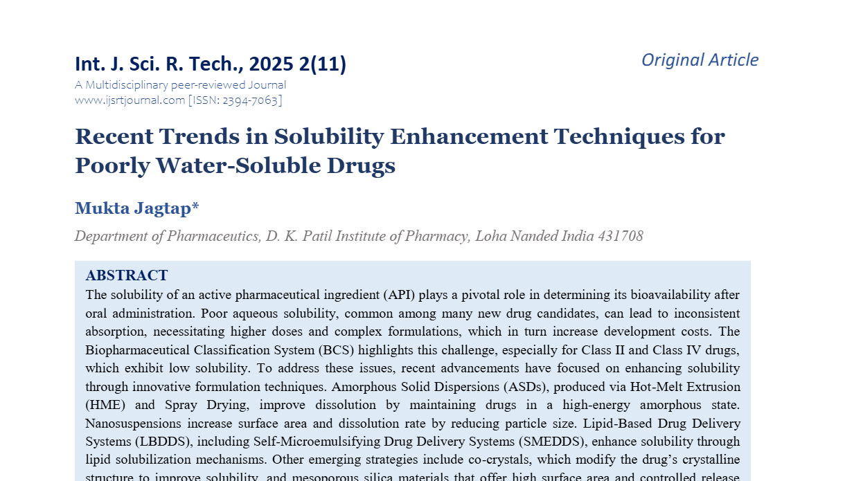 Recent Trends in Solubility Enhancement Techniques for Poorly Water-Soluble Drugs