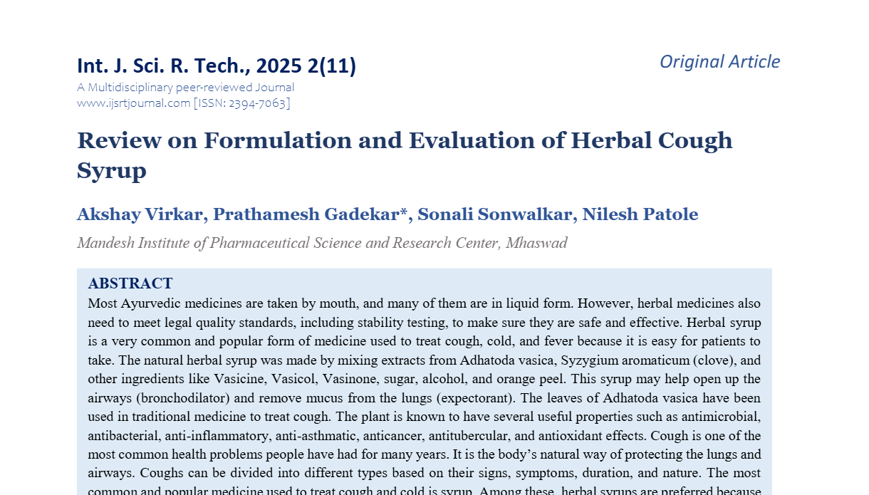 Review on Formulation and Evaluation of Herbal Cough Syrup