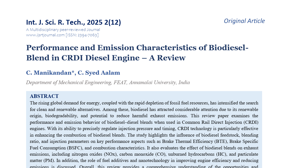 Performance and Emission Characteristics of Biodiesel-Blend in CRDI Diesel Engine – A Review