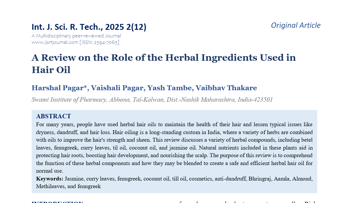 A Review on the Role of the Herbal Ingredients Used in Hair Oil