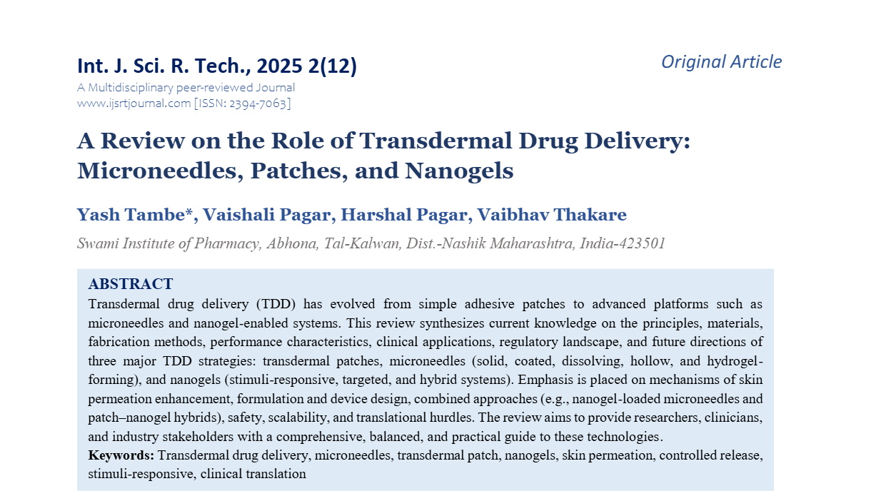 A Review on the Role of Transdermal Drug Delivery: Microneedles, Patches, and Nanogels