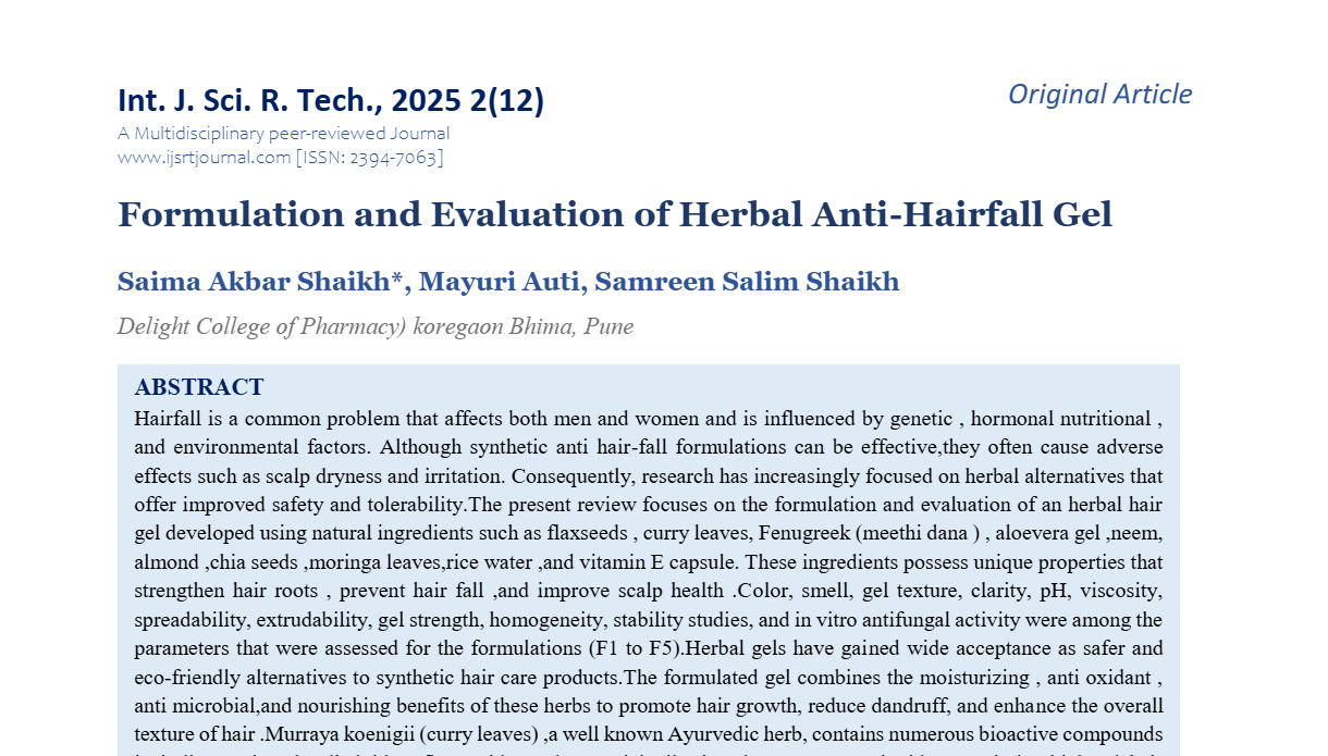 Formulation and Evaluation of Herbal Anti-Hairfall Gel