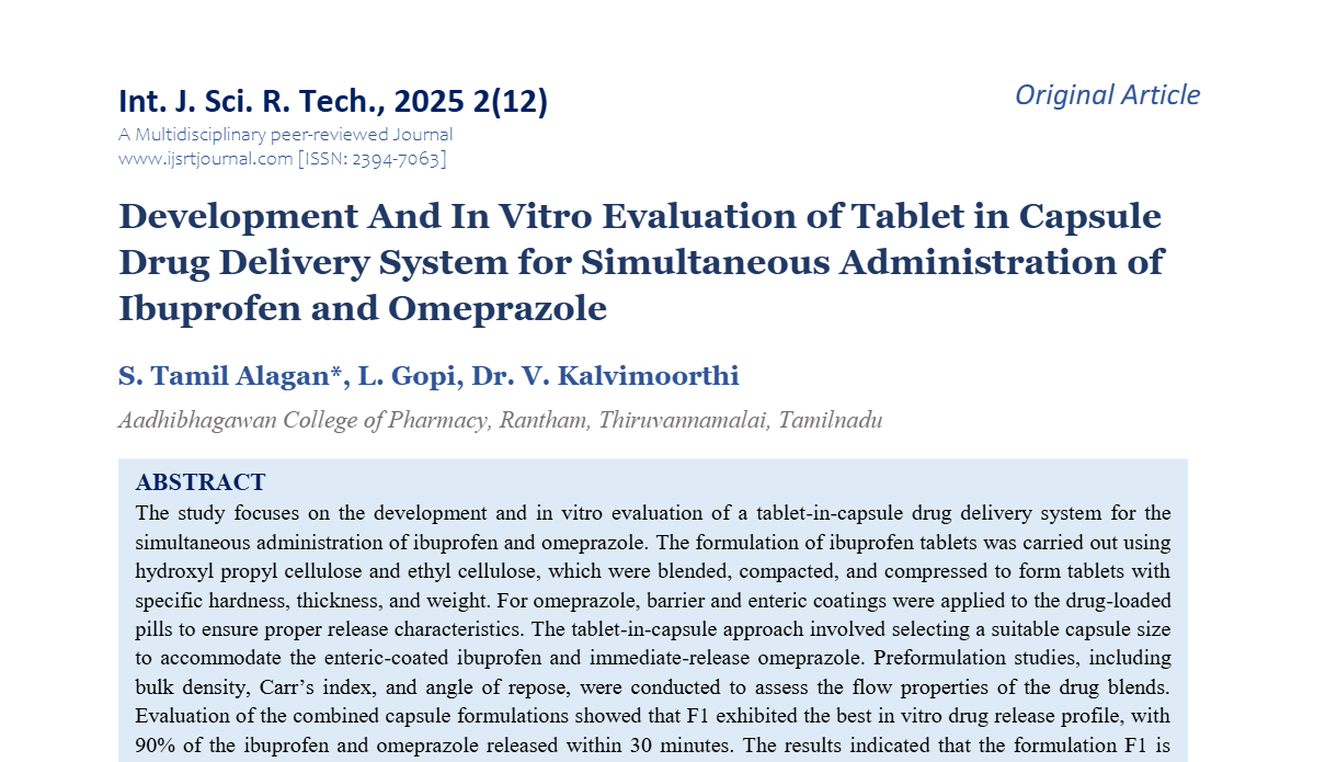 Development And In Vitro Evaluation of Tablet in Capsule Drug Delivery System for Simultaneous Administration of Ibuprofen and Omeprazole