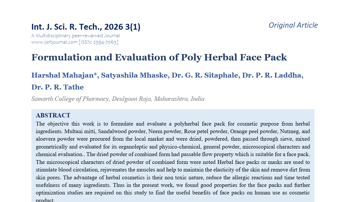 Formulation and Evaluation of Poly Herbal Face Pack