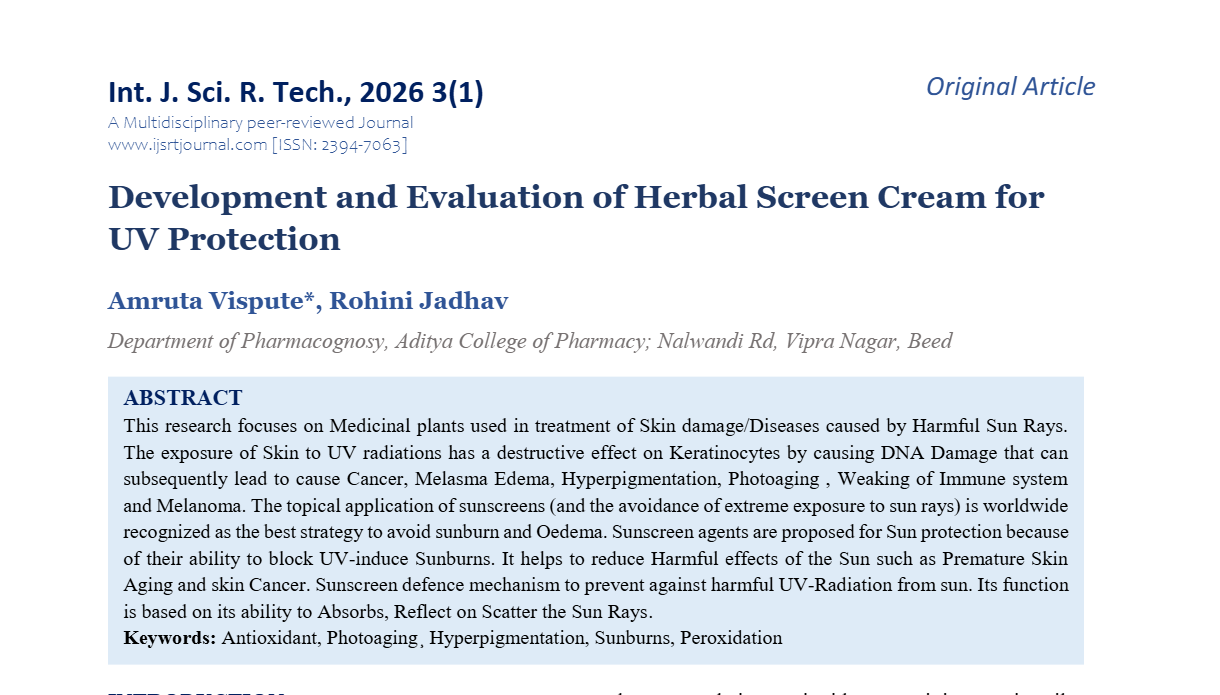 Development and Evaluation of Herbal Screen Cream for UV Protection