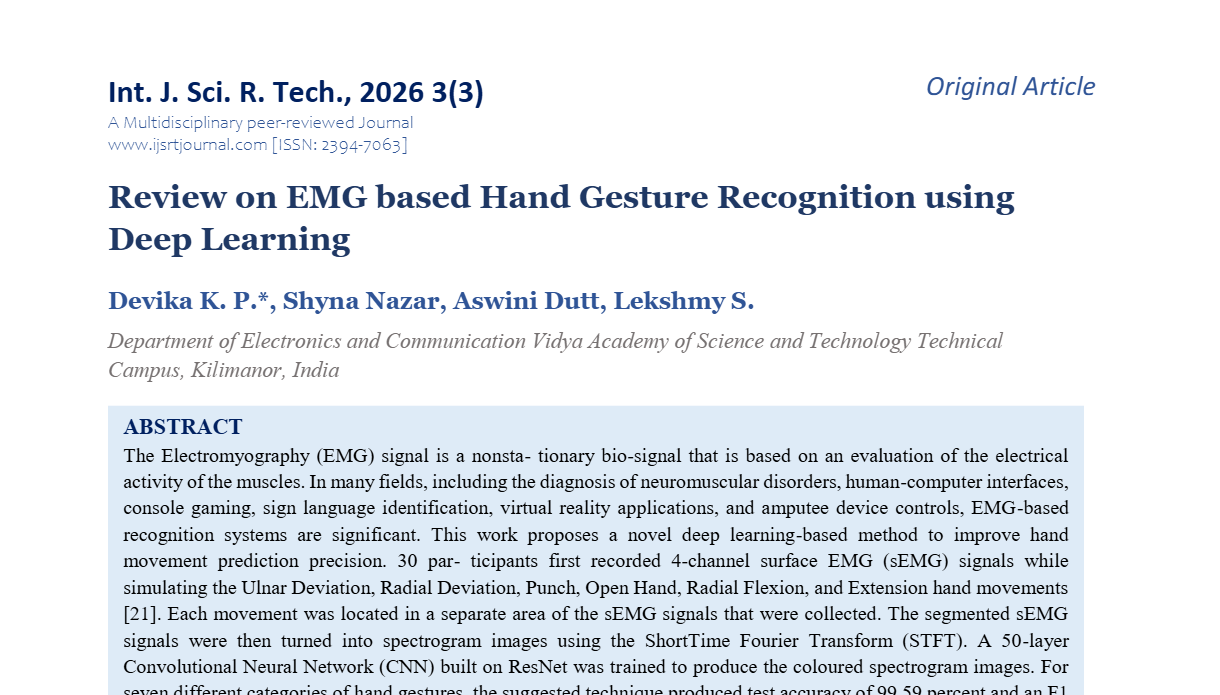 Review on EMG based Hand Gesture Recognition using Deep Learning
