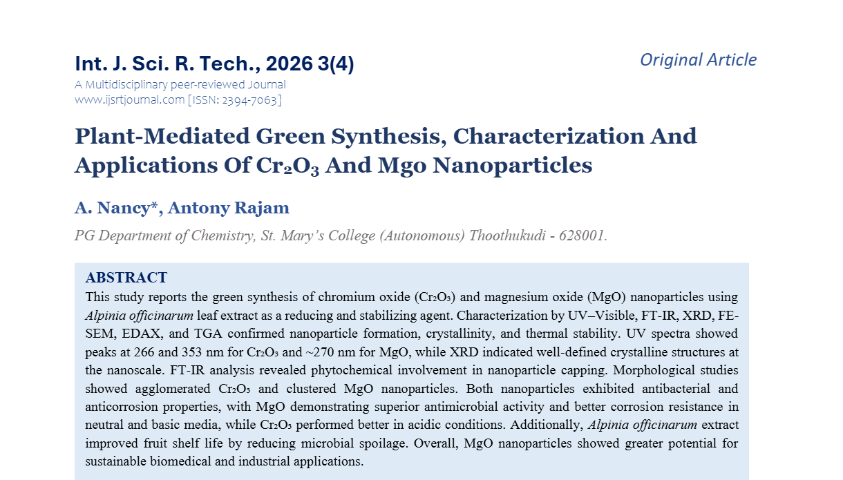 Plant-Mediated Green Synthesis, Characterization And Applications Of Cr2O3 And Mgo Nanoparticles