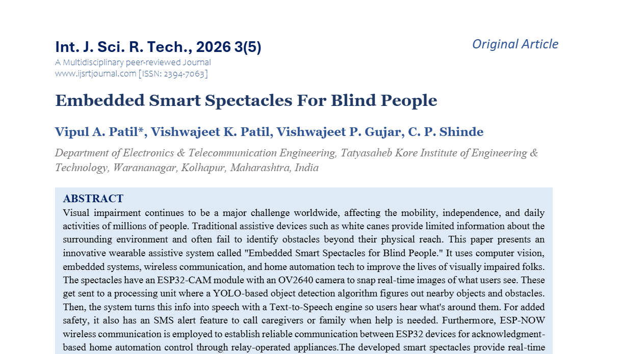 Embedded Smart Spectacles For Blind People
