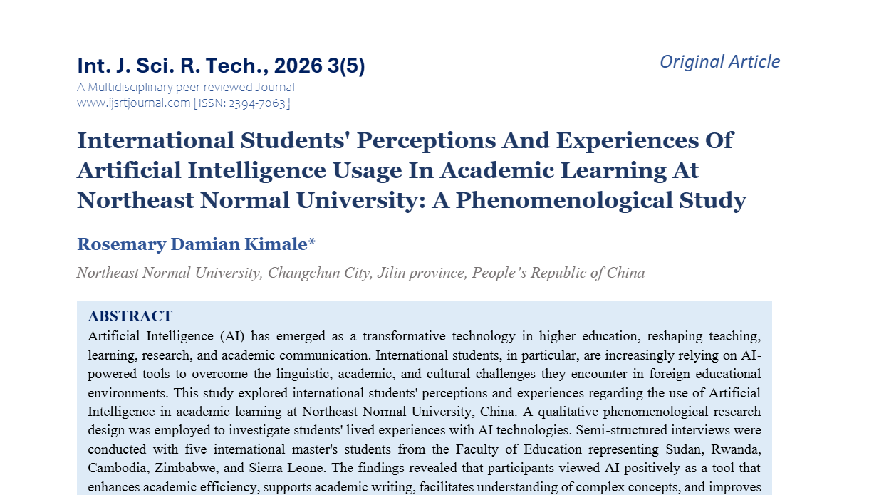 International Students' Perceptions And Experiences Of Artificial Intelligence Usage In Academic Learning At Northeast Normal University: A Phenomenological Study