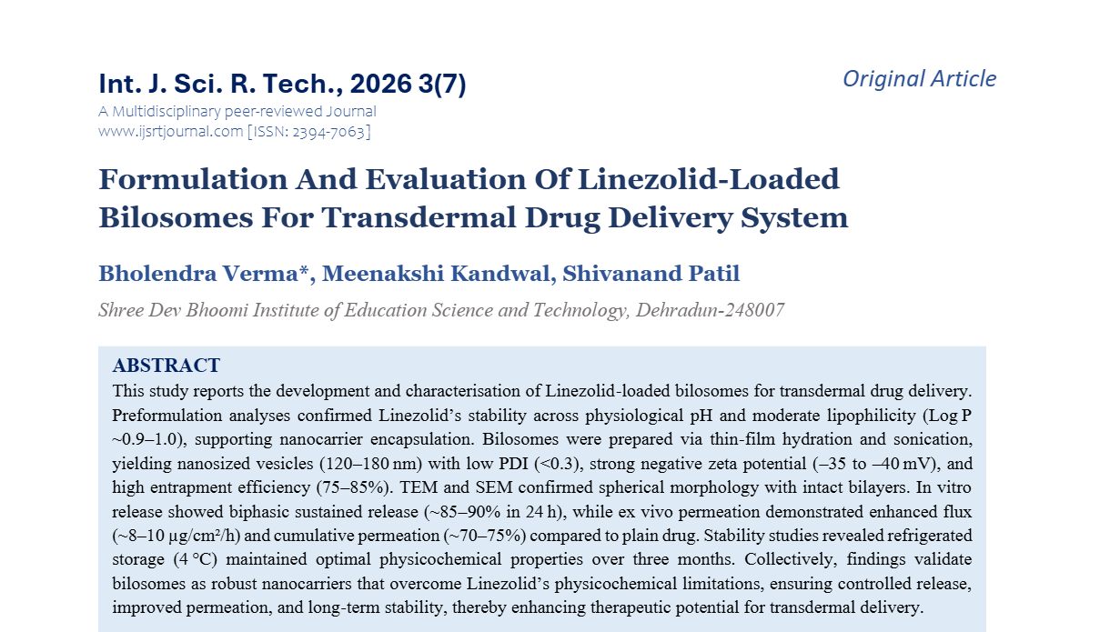 Formulation And Evaluation Of Linezolid-Loaded Bilosomes For Transdermal Drug Delivery System