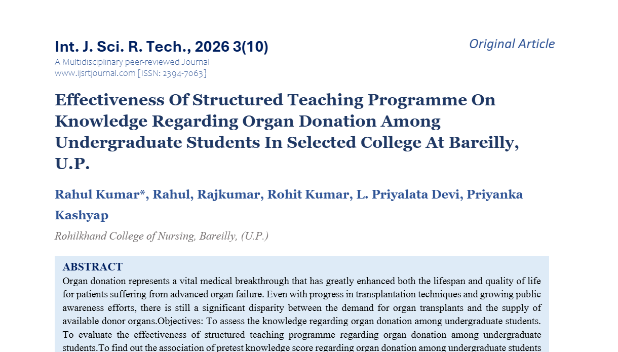 Effectiveness Of Structured Teaching Programme On Knowledge Regarding Organ Donation Among Undergraduate Students In Selected College At Bareilly, U.P.