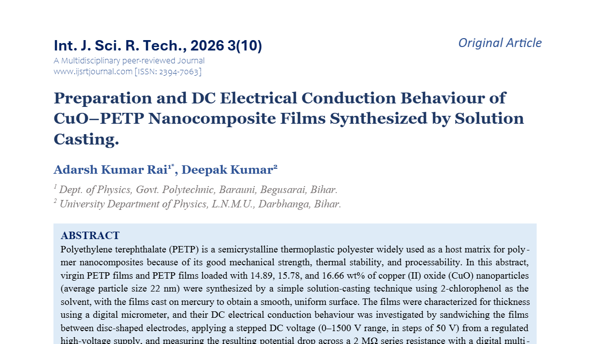 Preparation and DC Electrical Conduction Behaviour of CuO–PETP Nanocomposite Films Synthesized by Solution Casting.