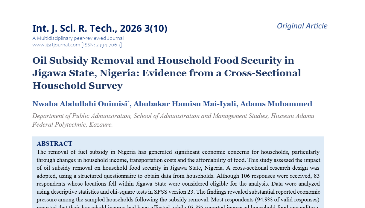 Oil Subsidy Removal and Household Food Security in Jigawa State, Nigeria: Evidence from a Cross-Sectional Household Survey